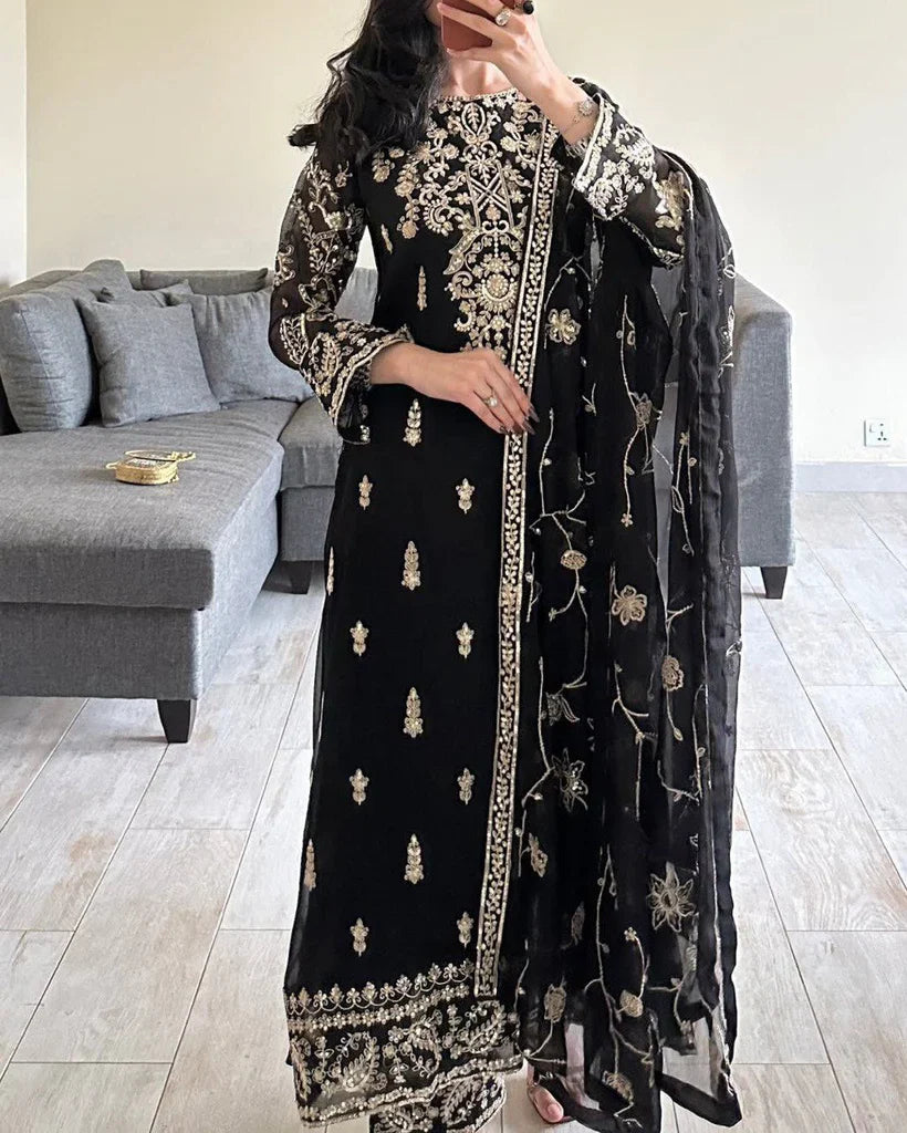 Black Pure Heavy Embroidered Kurta Pant Set with Dupatta – Festive & Party Wear