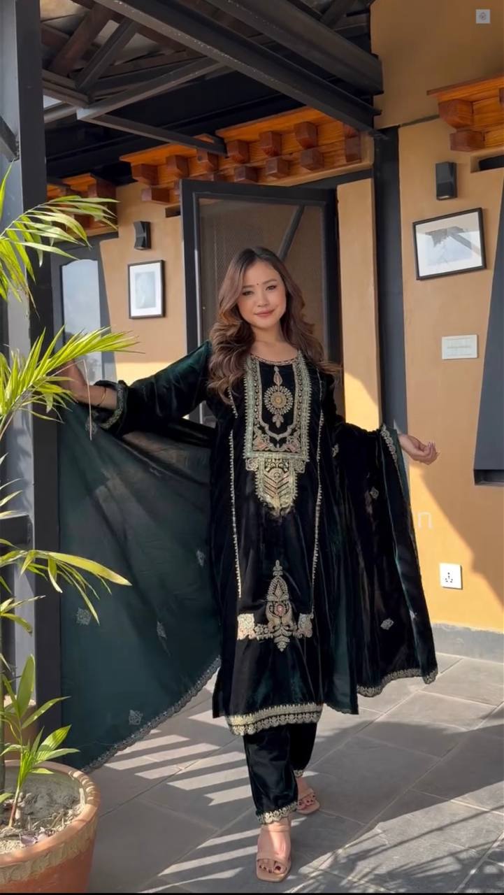 Designer Velvet Embroidered Suit Set with Heavy Coding Sequence Work | Premium Festive Wear for Women