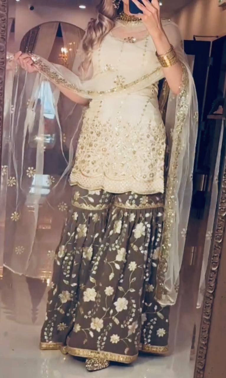 Premium Chinnon Silk Heavy Embroidery Sharara Set for Women | Wedding & Festive Wear | Full Stitched | Dupatta Included