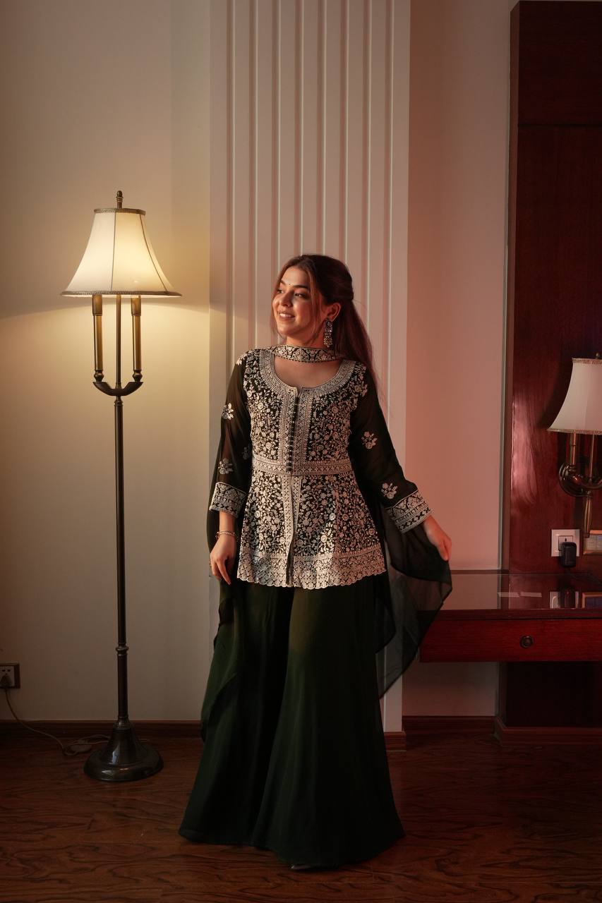 Green Georgette Embroidered Kurti Palazzo Set with Dupatta – Sequence Work Party Wear