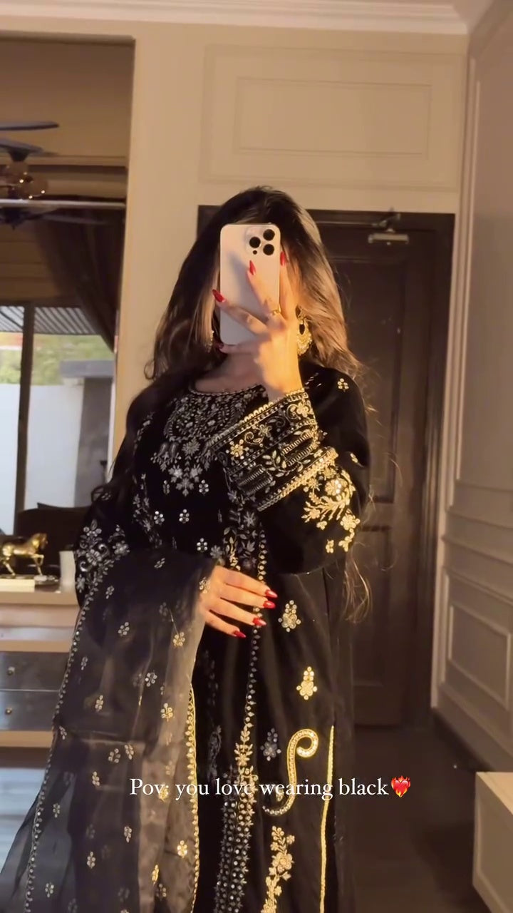 Black Embroidered Kurta Set for Women | Elegant Party Wear Kurti with Matching Bottom | Festive & Evening Wear