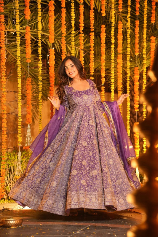 Purple Royalty: Why the Embroidered Tissue Cosmos Anarkali is Your Ultimate Festive Pick