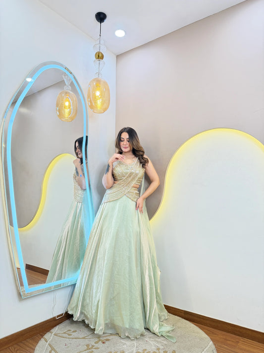 The Radiance of Sage: Elevate Your Ethnic Style with Our Shimmer Tissue Organza Lehenga