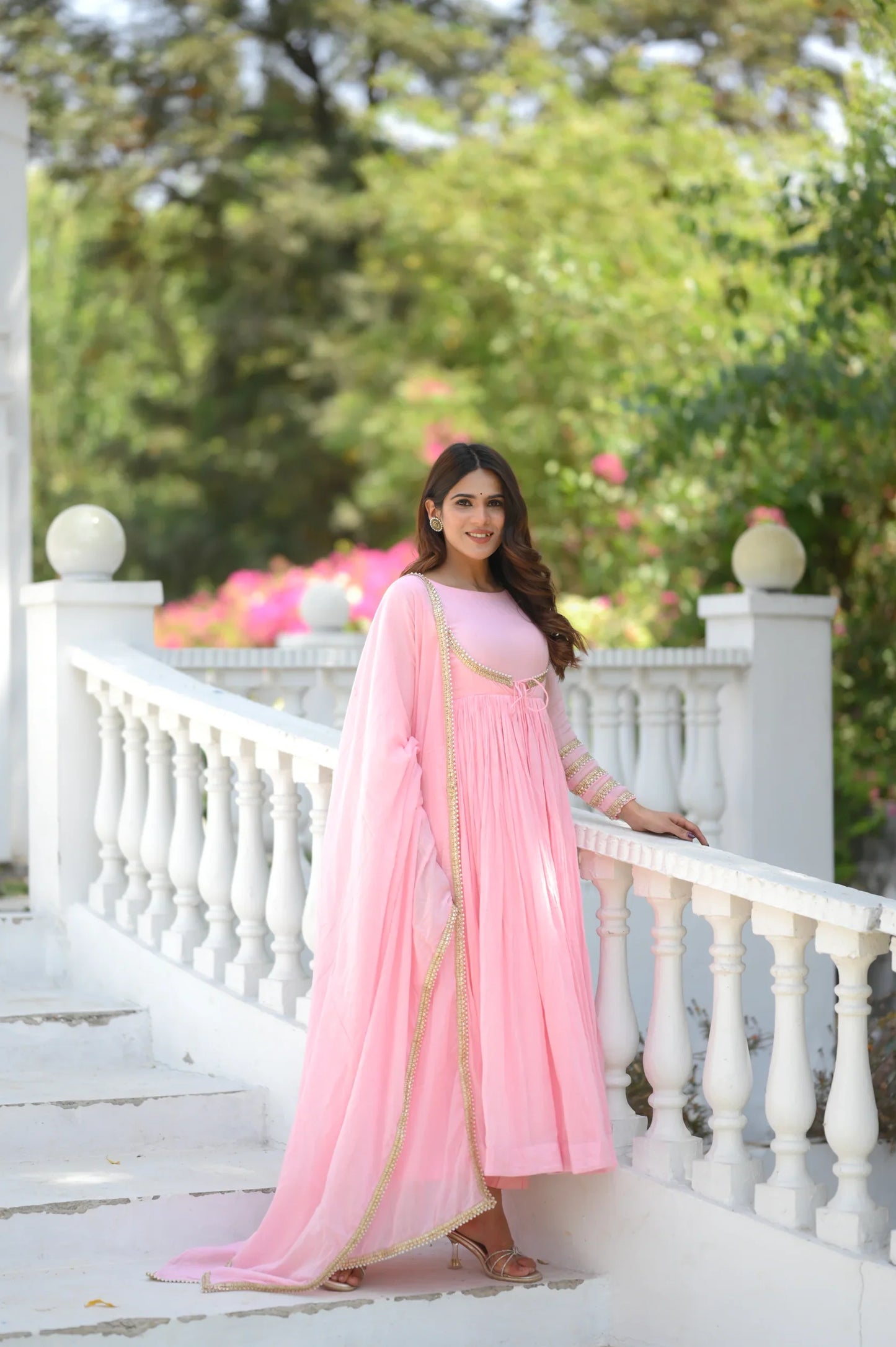 Women's Pink Mal Cotton Anarkali Kurta Set with Dupatta