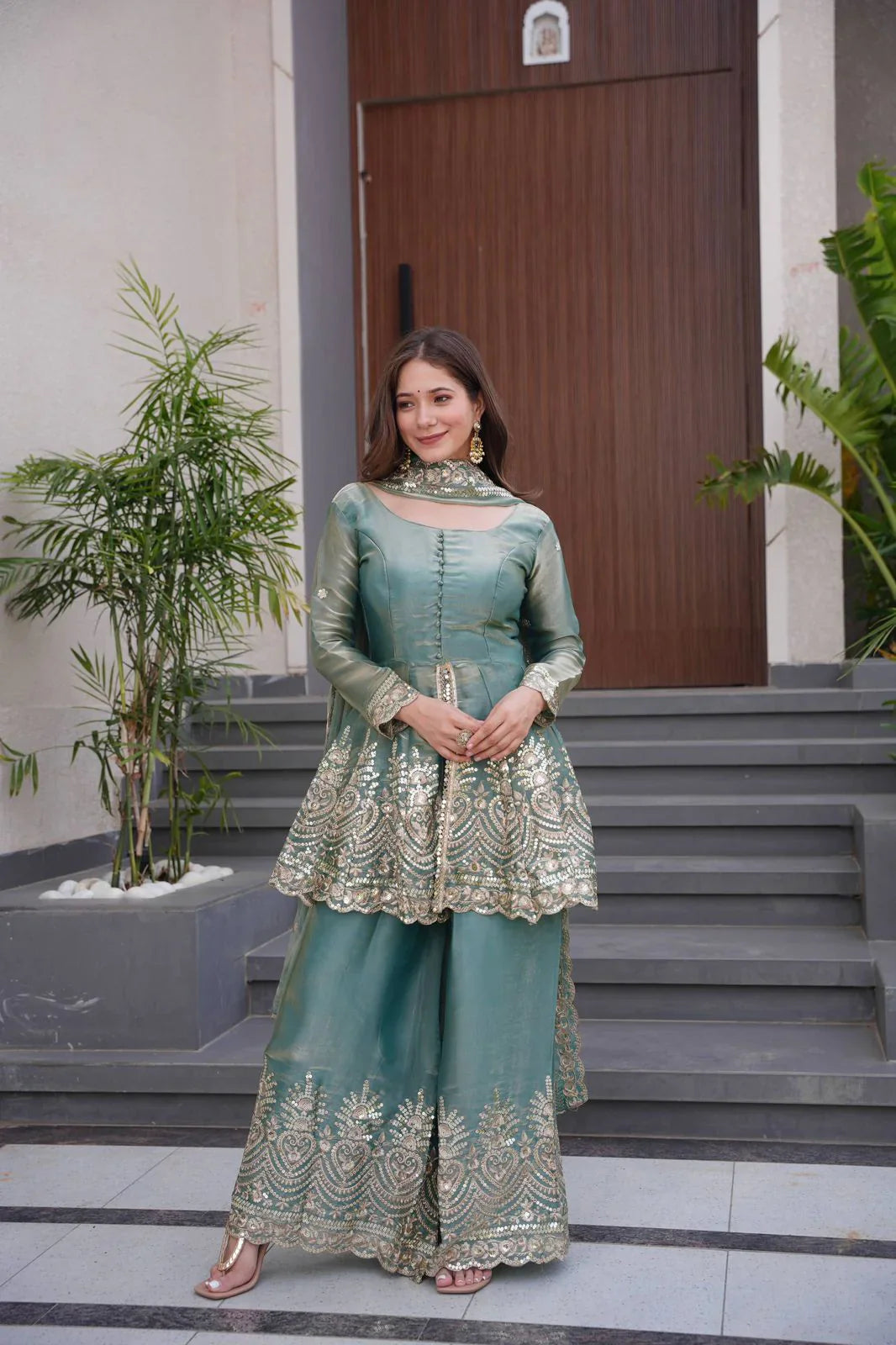 Teal Green Fendy Satin Silk Gown Sharara Set with Mirror & Sequin Embroidery