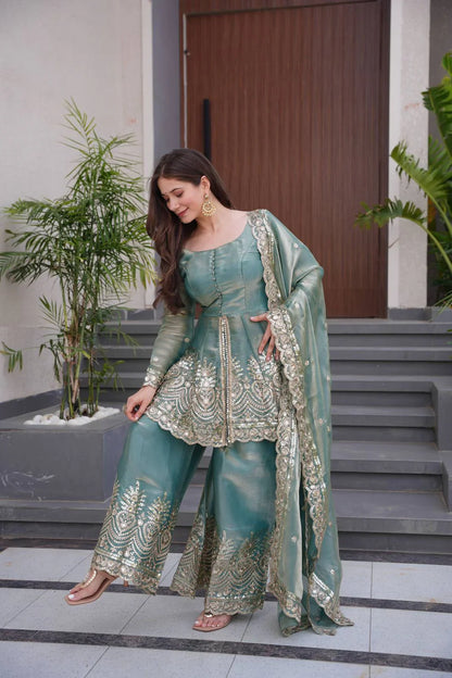 Teal Green Fendy Satin Silk Gown Sharara Set with Mirror & Sequin Embroidery