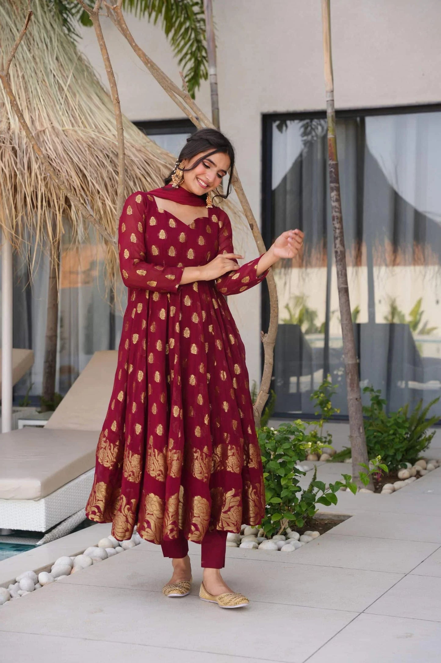 Women Maroon Pure Viscose Georgette Anarkali Kurta Set with Chiffon Dupatta