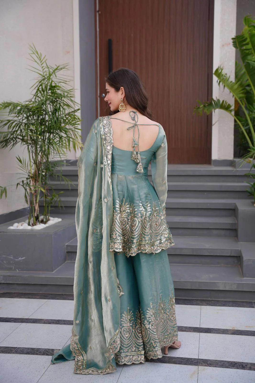 Teal Green Fendy Satin Silk Gown Sharara Set with Mirror & Sequin Embroidery