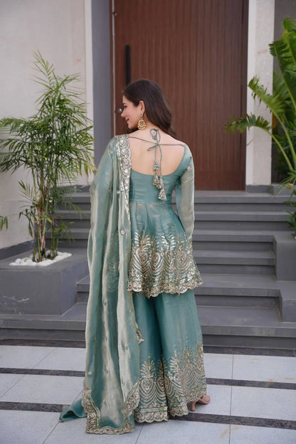 Teal Green Fendy Satin Silk Gown Sharara Set with Mirror & Sequin Embroidery