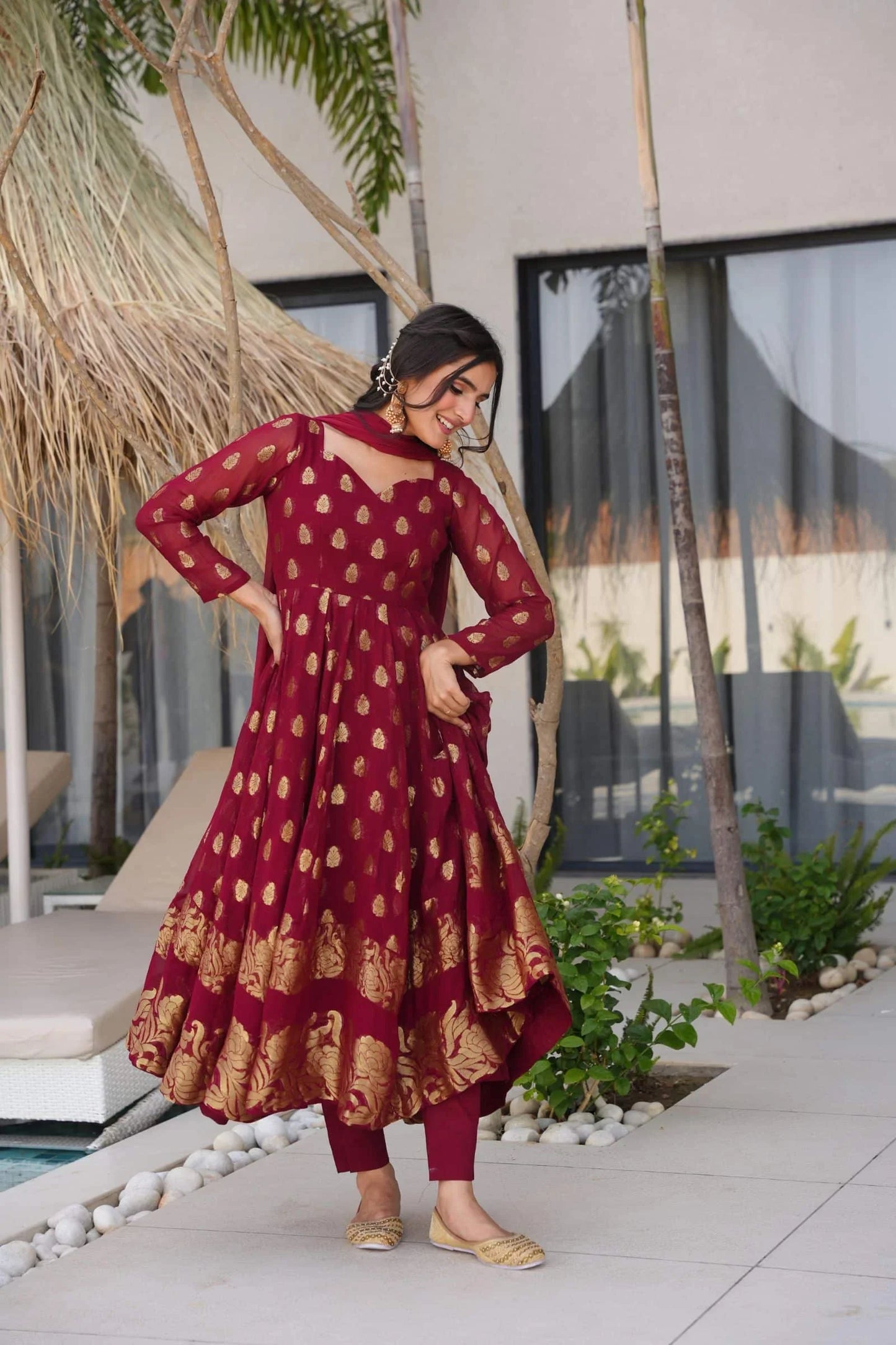 Women Maroon Pure Viscose Georgette Anarkali Kurta Set with Chiffon Dupatta