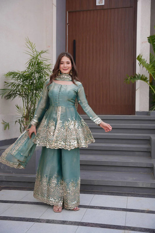 Teal Green Fendy Satin Silk Gown Sharara Set with Mirror & Sequin Embroidery