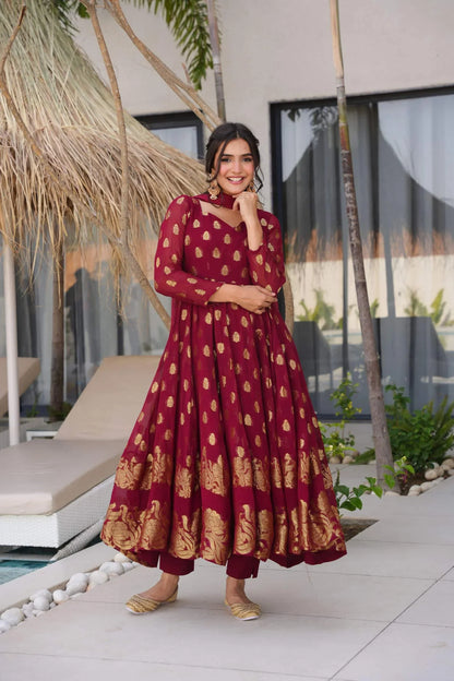 Women Maroon Pure Viscose Georgette Anarkali Kurta Set with Chiffon Dupatta