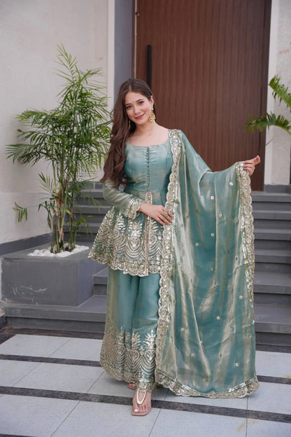 Teal Green Fendy Satin Silk Gown Sharara Set with Mirror & Sequin Embroidery