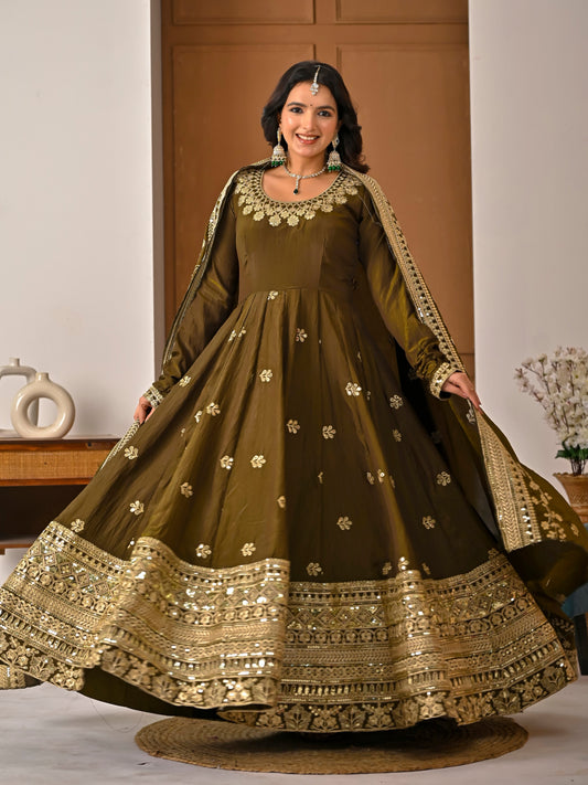 Avishkar Culture Olive Green NC Vichitra Fabric Fully Embroidered Anarkali Suit Set with Dupatta – Festive & Wedding Wear