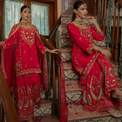 Elegant Chinon Silk Top, Sharara & Dupatta (MD-3041)