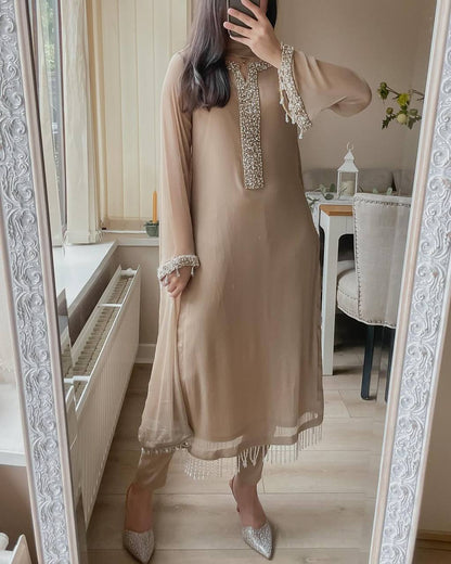 Designer Faux Georgette Suit with Real Moti Handwork