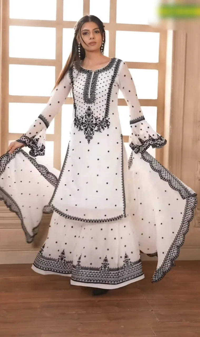 White Heavy Fox Georgette Embroidered Kurta Sharara Set with Dupatta