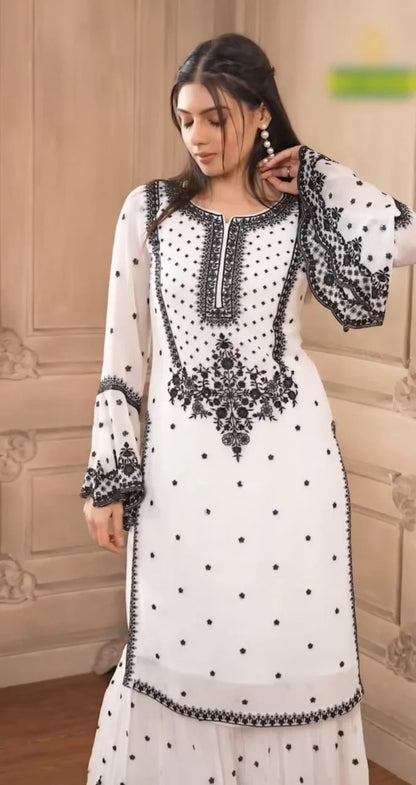 White Heavy Fox Georgette Embroidered Kurta Sharara Set with Dupatta