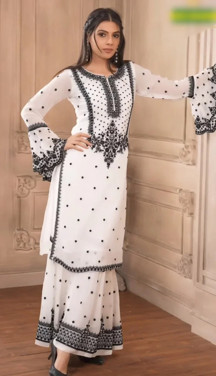 White Heavy Fox Georgette Embroidered Kurta Sharara Set with Dupatta