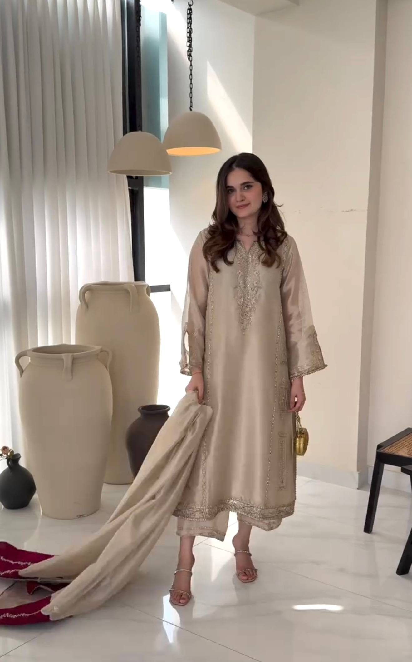 Beige Pure Jimmy Choo Embroidered Kurta Palazzo Set with Dupatta – Premium Festive Wear