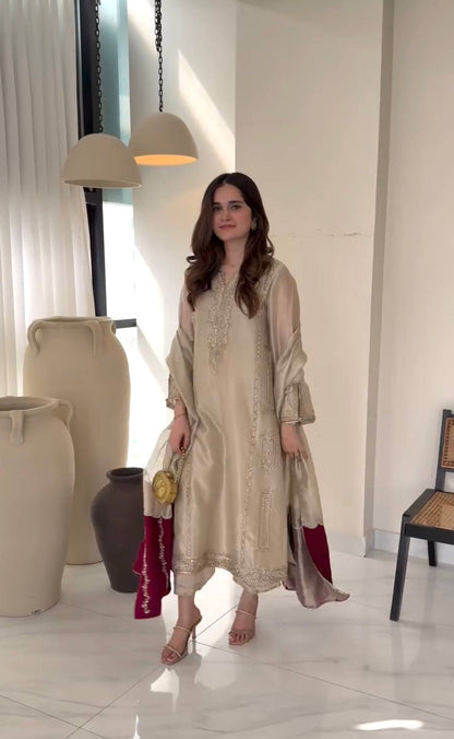 Beige Pure Jimmy Choo Embroidered Kurta Palazzo Set with Dupatta – Premium Festive Wear
