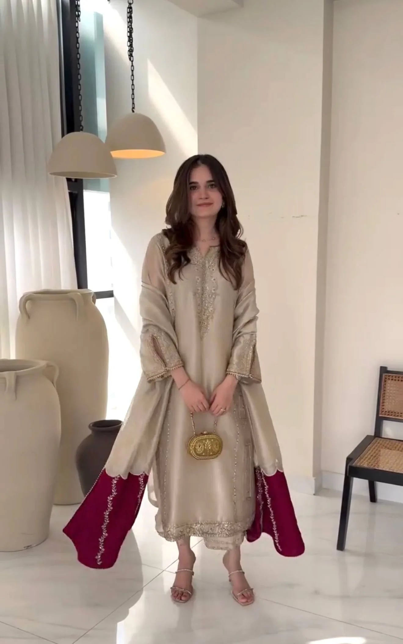 Beige Pure Jimmy Choo Embroidered Kurta Palazzo Set with Dupatta – Premium Festive Wear