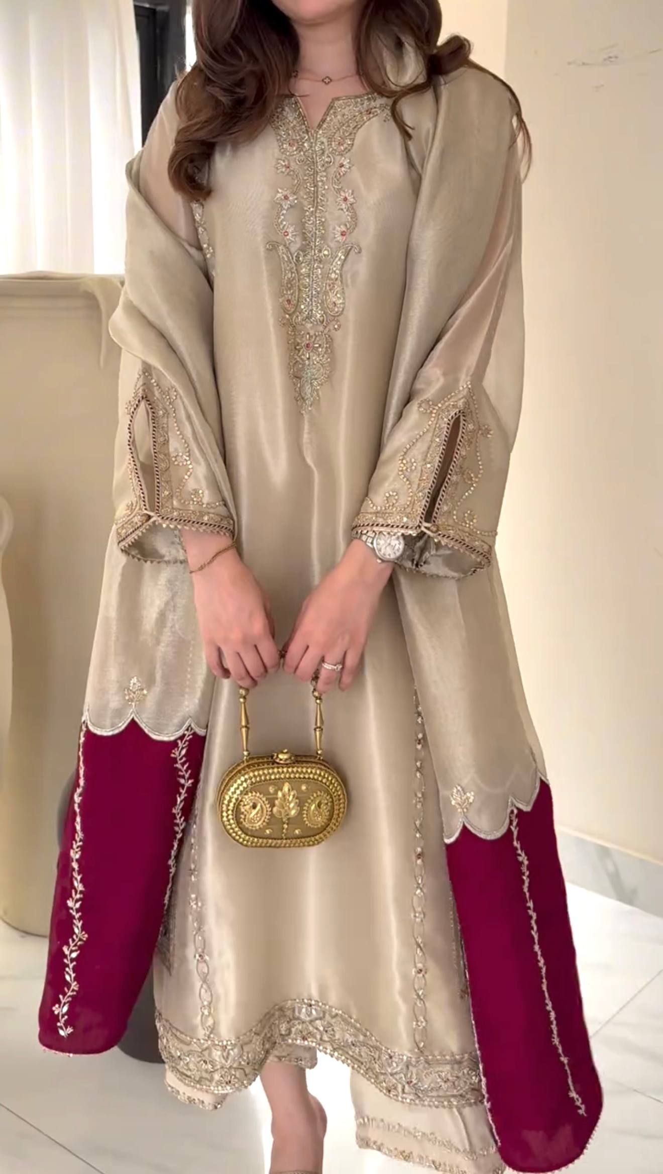 Beige Pure Jimmy Choo Embroidered Kurta Palazzo Set with Dupatta – Premium Festive Wear