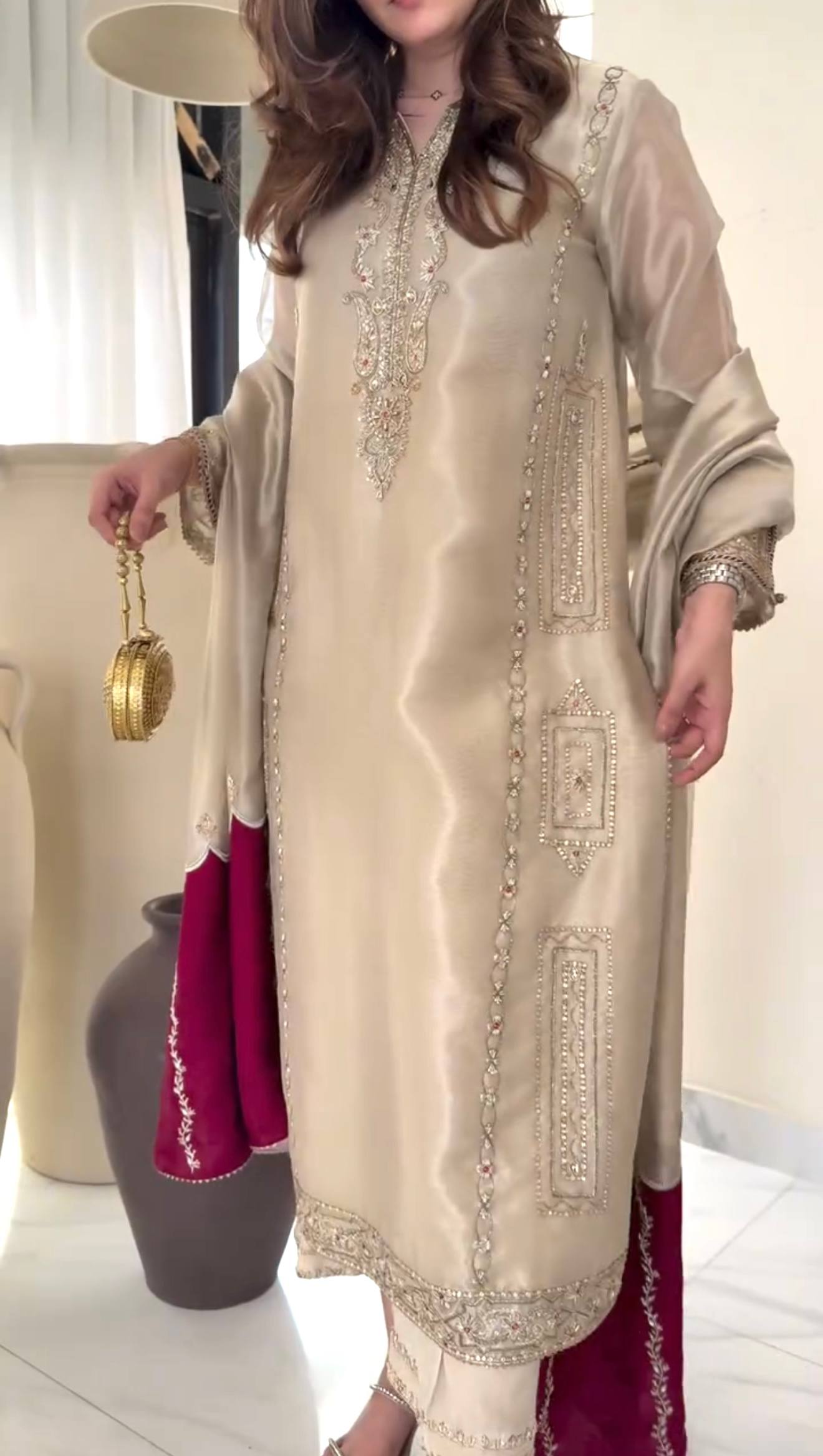 Beige Pure Jimmy Choo Embroidered Kurta Palazzo Set with Dupatta – Premium Festive Wear