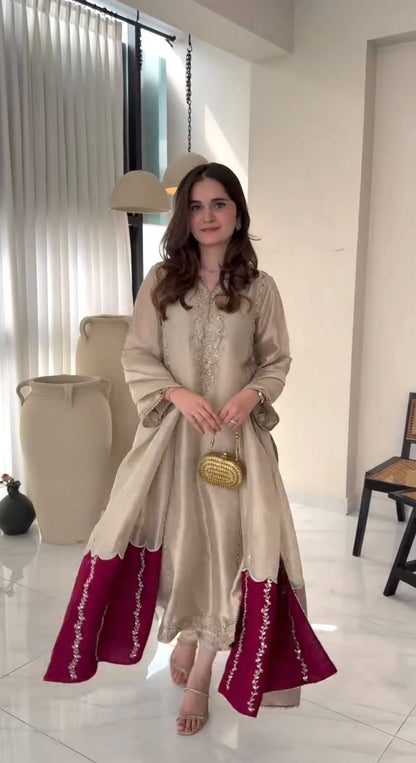 Beige Pure Jimmy Choo Embroidered Kurta Palazzo Set with Dupatta – Premium Festive Wear