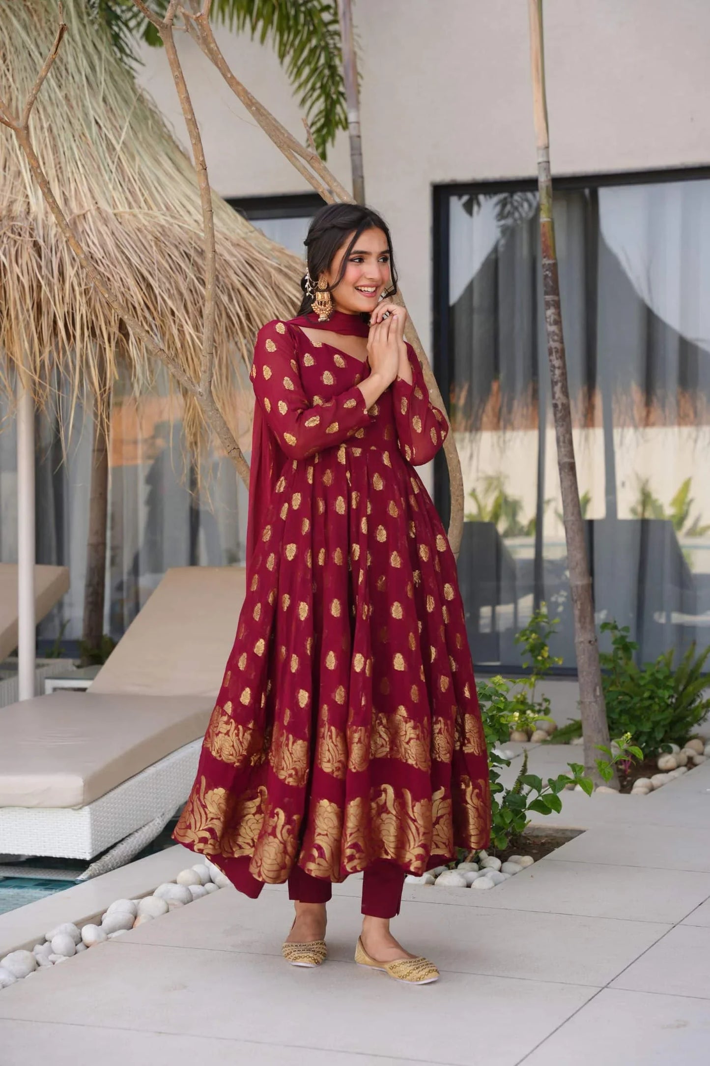 Women Maroon Pure Viscose Georgette Anarkali Kurta Set with Chiffon Dupatta
