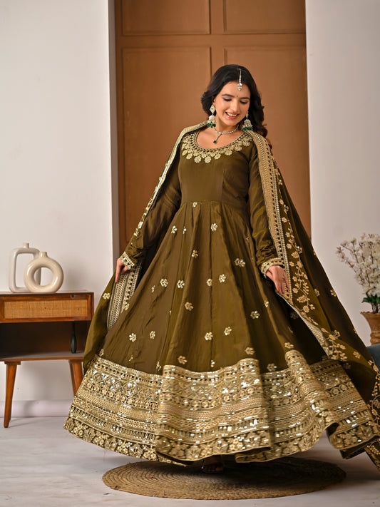 Avishkar Culture Olive Green NC Vichitra Fabric Fully Embroidered Anarkali Suit Set with Dupatta – Festive & Wedding Wear