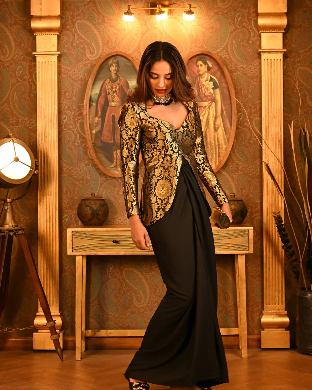 Women's Black & Gold Brocade Peplum Top and Moss Fabric Wrap Skirt Set