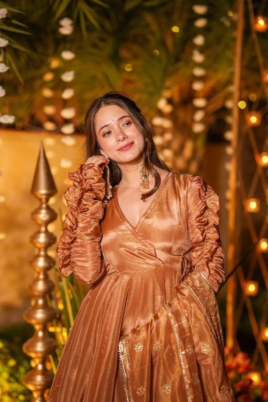 Copper Silk Anarkali Gown with Dupatta – Flared Design