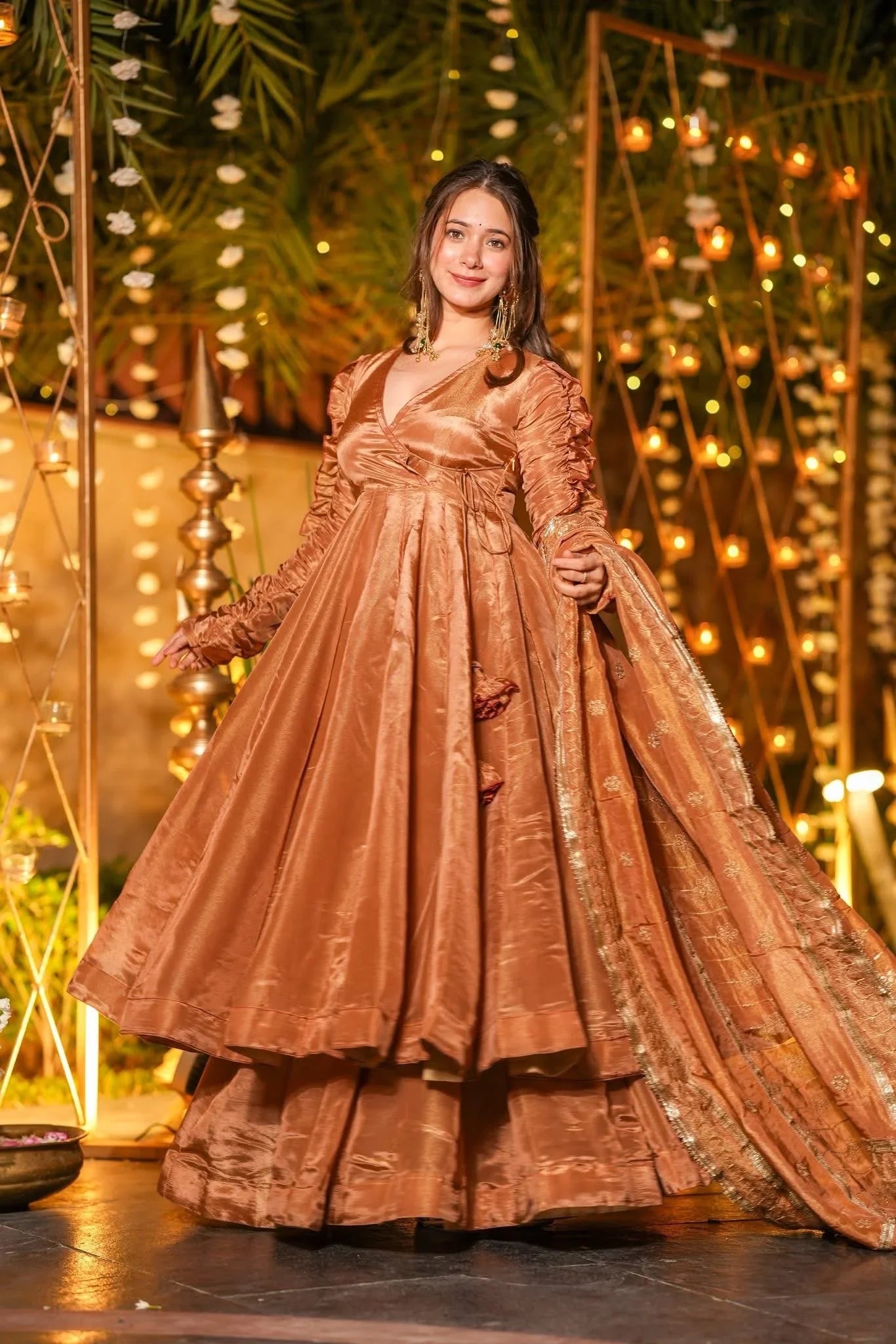 Copper Silk Anarkali Gown with Dupatta – Flared Design