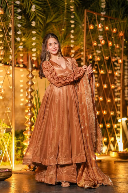 Copper Silk Anarkali Gown with Dupatta – Flared Design