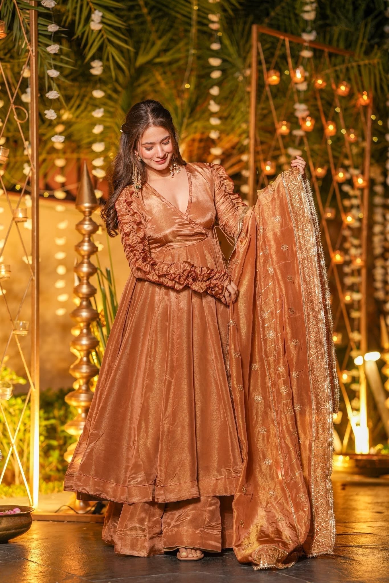 Copper Silk Anarkali Gown with Dupatta – Flared Design