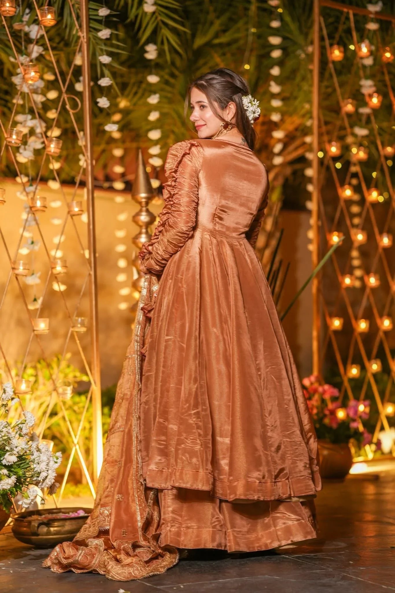 Copper Silk Anarkali Gown with Dupatta – Flared Design