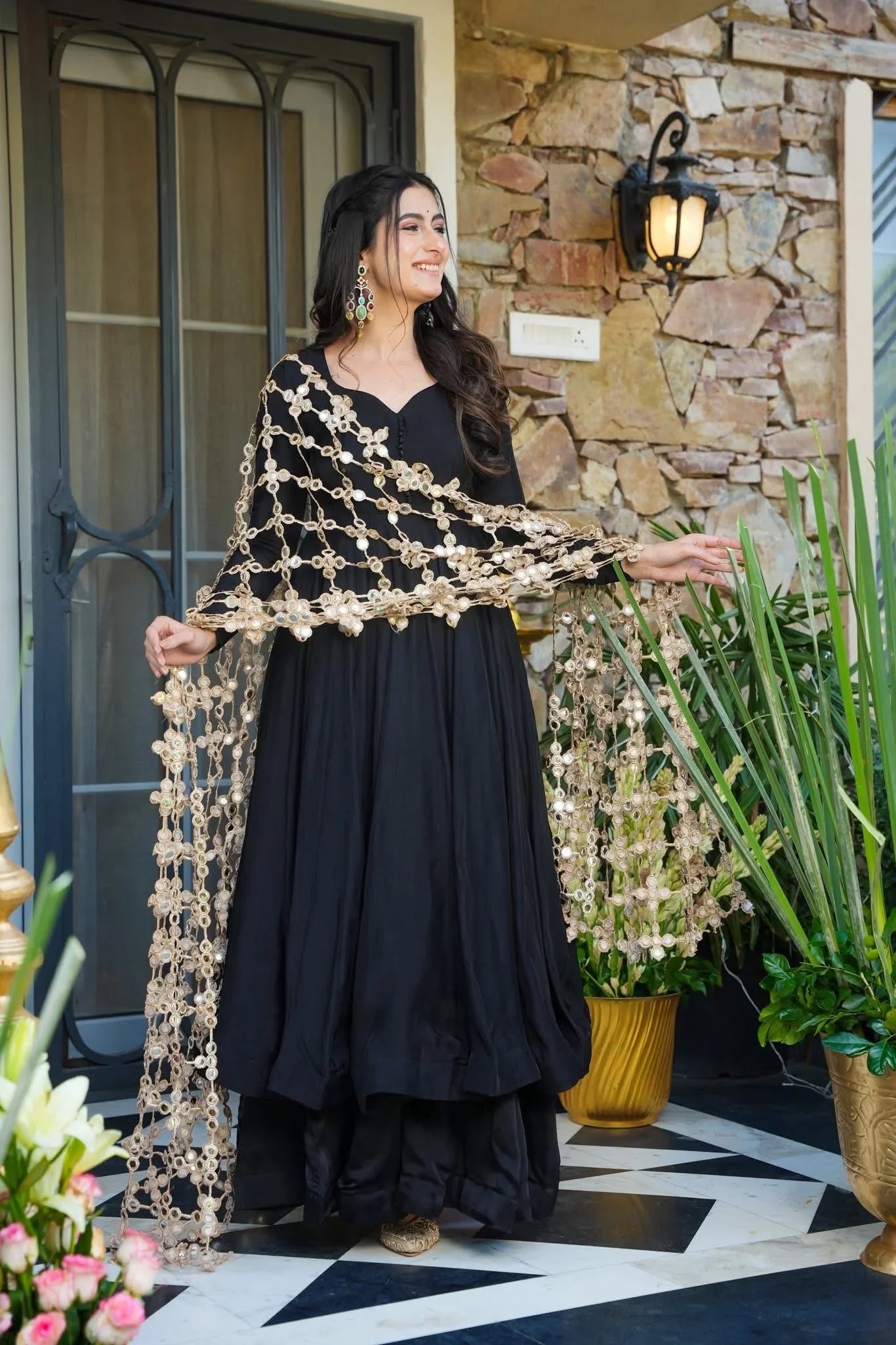 Avishkar Cultur Black Crepe Kurta Palazzo Set with Heavy Net Embroidered Dupatta