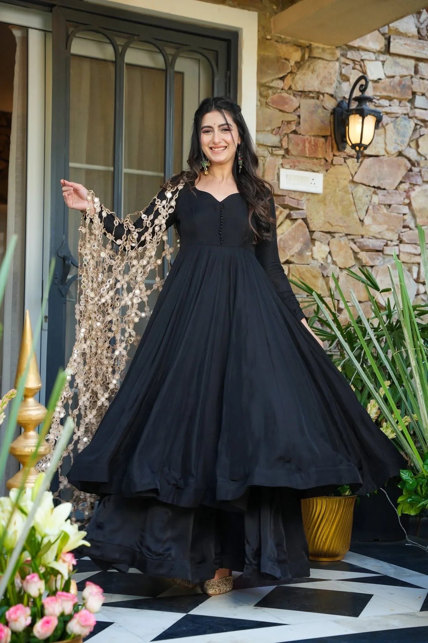 Avishkar Cultur Black Crepe Kurta Palazzo Set with Heavy Net Embroidered Dupatta