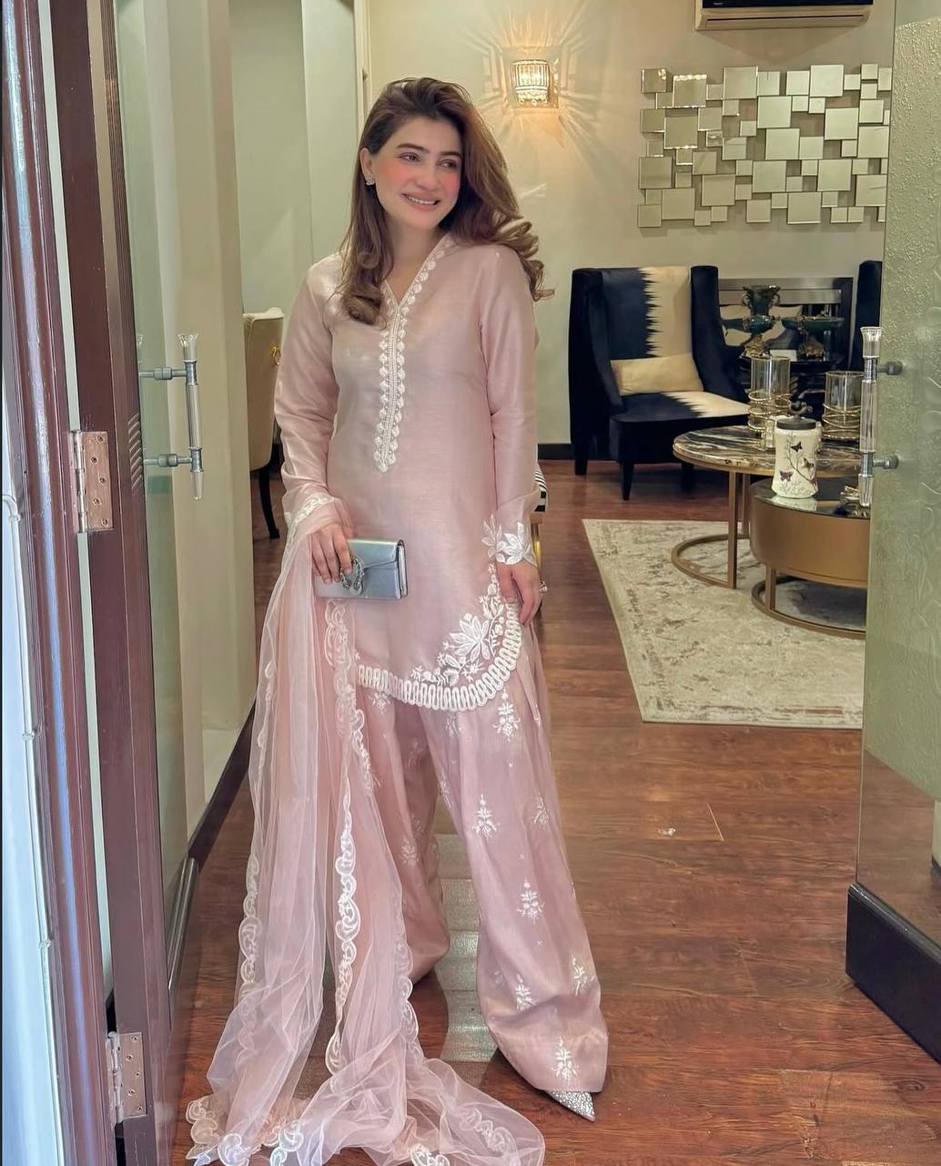 Avishkar Culture Blush Pink Embroidered Farshi Pant Suit Set in Natural Crepe Silk with Tissue Silk Dupatta