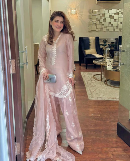 Avishkar Culture Blush Pink Embroidered Farshi Pant Suit Set in Natural Crepe Silk with Tissue Silk Dupatta