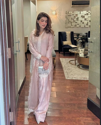 Avishkar Culture Blush Pink Embroidered Farshi Pant Suit Set in Natural Crepe Silk with Tissue Silk Dupatta
