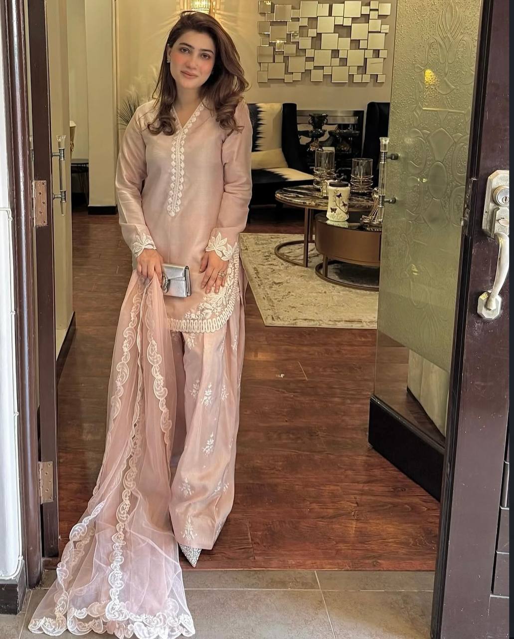 Avishkar Culture Blush Pink Embroidered Farshi Pant Suit Set in Natural Crepe Silk with Tissue Silk Dupatta