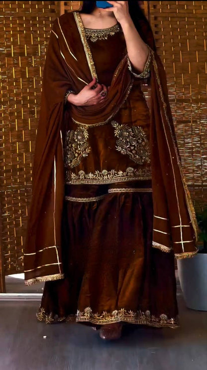 Brown Natural Crepe Sharara Suit with 5mm Sequin Embroidery