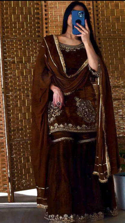 Brown Natural Crepe Sharara Suit with 5mm Sequin Embroidery