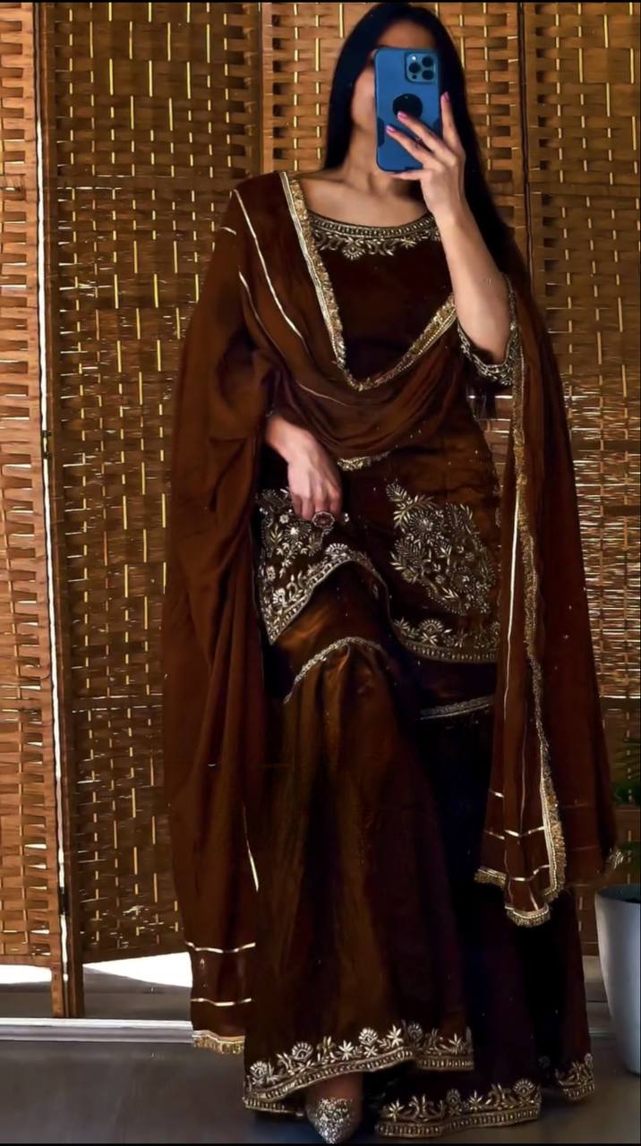 Brown Natural Crepe Sharara Suit with 5mm Sequin Embroidery