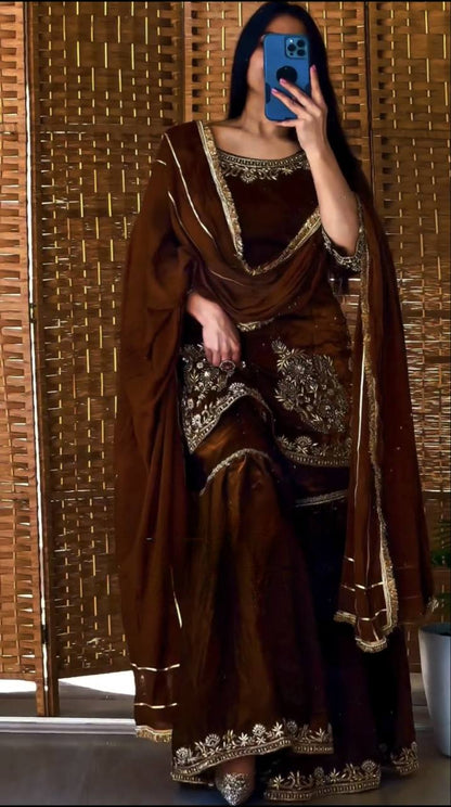 Brown Natural Crepe Sharara Suit with 5mm Sequin Embroidery