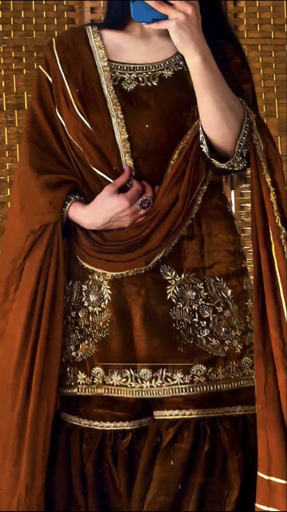 Brown Natural Crepe Sharara Suit with 5mm Sequin Embroidery