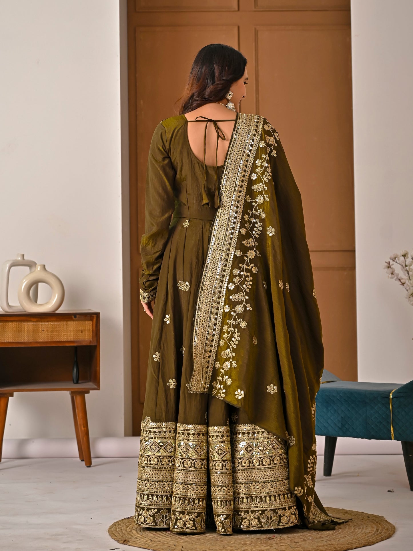 Avishkar Culture Olive Green NC Vichitra Fabric Fully Embroidered Anarkali Suit Set with Dupatta – Festive & Wedding Wear