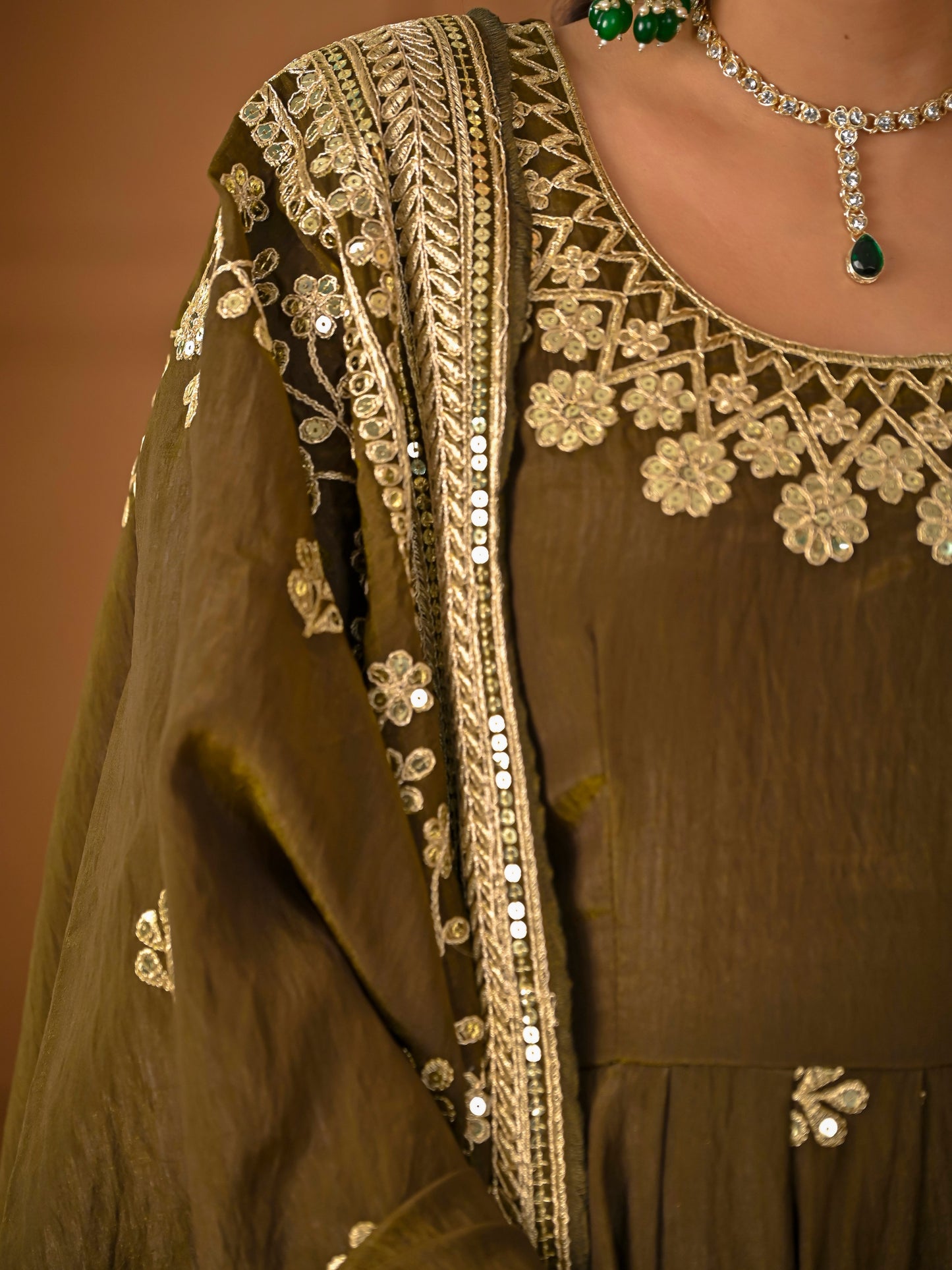 Avishkar Culture Olive Green NC Vichitra Fabric Fully Embroidered Anarkali Suit Set with Dupatta – Festive & Wedding Wear